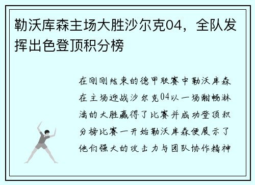 勒沃库森主场大胜沙尔克04，全队发挥出色登顶积分榜